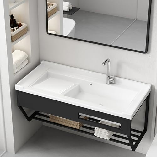 Lavandino da Bagno A Parete，lavandino Moderno In Ceramica Per Lavanderia Con Asse da Lavare，lavandino Galleggiante Per Lavabo，lavandino Salvaspazio Per Lavabo Con Staffa E Kit di Scarico