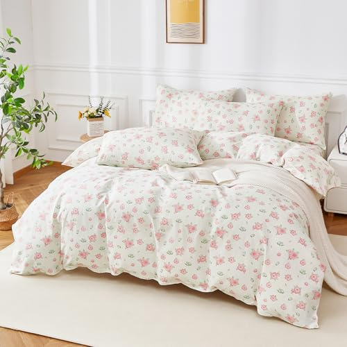 YASMENG Blumen Bettwäsche 135x200 Baumwolle Rosa Blumenmuster Baumwolle weich kuschelig atmungsaktiv 2 teilig für Mädchen mit Reißverschluss Kissenbezug 80x80 cm