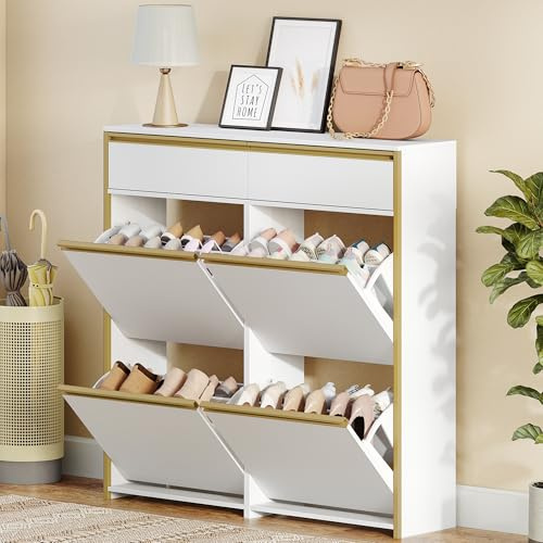 HEXCELEN Meuble à Chaussures avec 4 Battants, 16 à 24 Paire, Blanc-Or