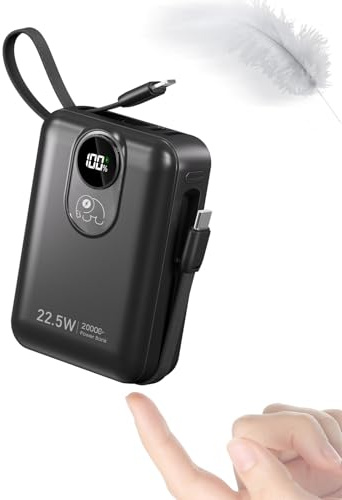 20000mAh Power Bank con Cable Incorporado: Batería Externa de Carga rápida de 22.5W para teléfono móvil, Battery Pack USB C (Entrada y Salida), Cargador portátil con 4 Salidas y 2 entradas-Negro