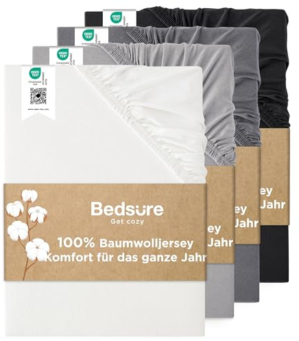 Bedsure Sábana Bajera 180x200cm Algodón Jersey Oeko-Tex -hasta 40cm, Blanco | Sábana Ajustable 100% Algodón, Transpirable & Suave, Esquinas Elásticas, para Somier, Colchón Agua y Alto, Lavable a Máquina