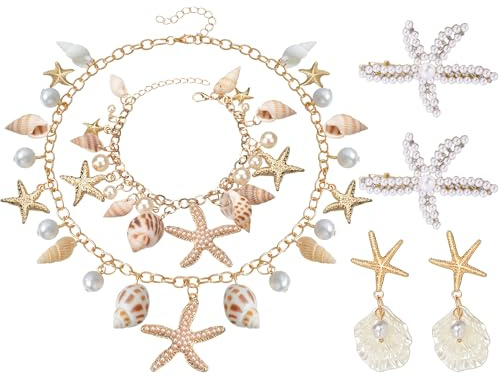 PartyforU 5 Stück Meerjungfrau Kostüm Damen Boho Sternfisch Mollusken Halskette Armband Haarnadeln Ohrringe Faschingskostüme Karneval Sommerstrand Tropen Outfit Halloween Kostümbedarf