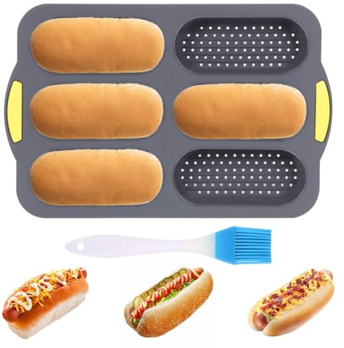 Qusedwey Molde de Silicona, Molde para Panecillos de Hot Dog con Pincel de Aceite, Molde Antiadherente para Hornear Pan Francés con 6 Canales, Molde para Pan Francés para Hot Dog