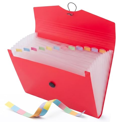 D.RECT Sammelmappe A4 Rot (Serie 5585) – 12 Fächer mit Farbetiketten | Dokumentenmappe mit Gummizug | Robuste PP-Folie