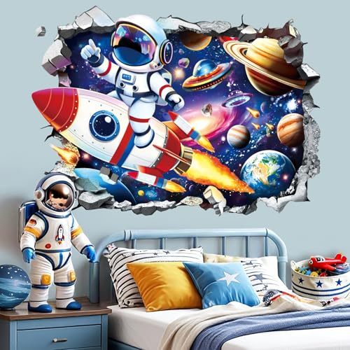 decalmile Wandsticker 3D Astronaut Rakete Wandtattoo Weltraum Universum | Abziehbare und Aufklebbare Wandaufkleber, DIY Abnehmbare Wandkunst Abziehbilder, Wandfreundlich, Leuchtenden Farben
