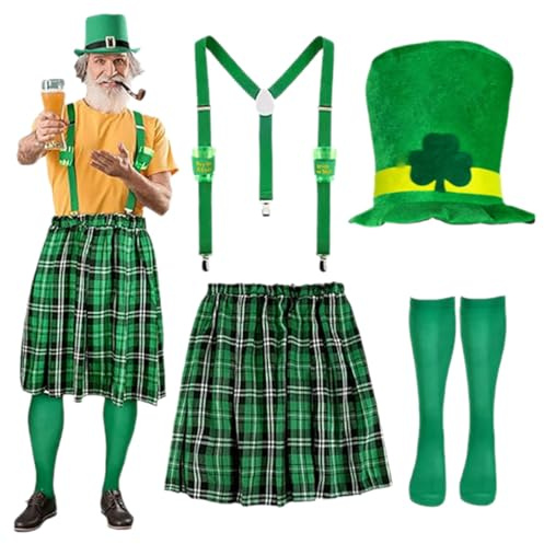 Tenue de Saint-Patrick pour homme - Costume de leprechaun - Jupe tartan verte - Serveur de vin - Fête de vacances - Déguisement irlandais - Accessoires de fête - Taille unique