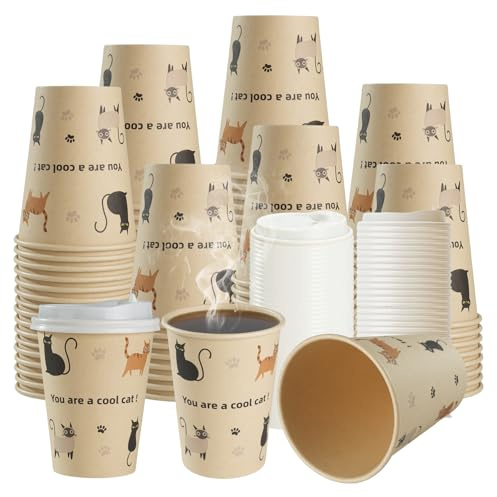 Cherypick Gobelets en carton jetables avec couvercle 355 ml – lot de 25, anti-fuite, pour boissons chaudes et froides, idéals pour bureau, maison et déplacements (chat)