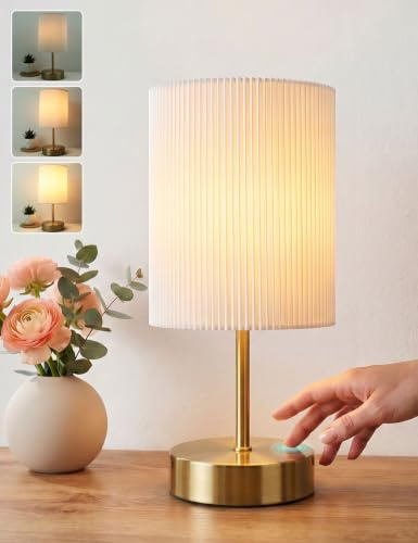 Bedside Lamps, Touch Bedside Lamp with 3D Pleat Fabric Shade, Gold Base | HSLighting 3-Way Dimmable Modern Small Table Lamps Warm White Nightstand Desk Light for Kids Room Bedroom Living Room & Dorm