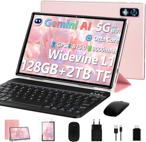 2026 Novità Tablet 10 Pollici Android AI, 22GB RAM + 128GB ROM (TF/2 To), Tablet Touch 5G+2.4G WiFi, Octa-Core 2.0 GHz, 8000 mAh, GMS, Widevine L1, BT 5.0, Tablet Con Tastiera E Mouse – Oro Rosa