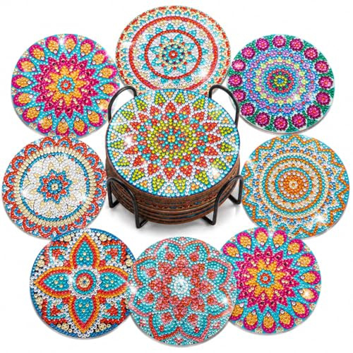 OBVOLO 8 Stück Diamond Painting Untersetzer mit Halter, DIY Mandala-Motive Diamant Malerei Set, Bunte Mandala-Deko für Zuhause & Büro, Kreative Tischdeko Geschenke für Bastelliebhaber