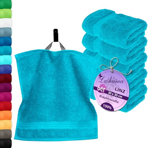 Lashuma Serviettes Mains invites 30x30 cm Lot de 6, Essuie Main Bleu Aigue-Marine, Linz Drap de Bain 100% Coton