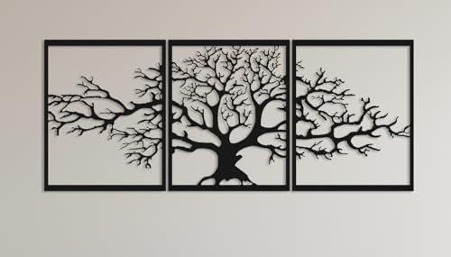 BAUPOR Baum des Lebens aus Metall, Wanddekoration, 3D-Metallskulptur, für Haus, Büro, Schlafzimmer, Wohnzimmer, Außendekoration, großes 3er-Set, Schwarz, 144 x 60 cm