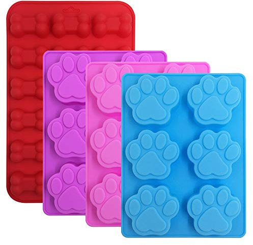 FineGood 4 moldes de silicona para chocolate, diseño de pata de cachorro y forma de hueso, bandejas de cubitos de hielo, sartenes para hornear para hacer barras de jabón para perros congelados