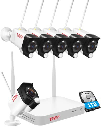 2K WLAN Überwachungskamera Set Aussen, 6pcs 1296P WiFi Kamera Outdoor Set, 10CH NVR mit 1TB Festplatte, Spotlight Warnung, Zwei-Wege-Audio, 30M IR/Farbe Nachtsicht, 24/7 APP PC Fernzugriff, Schwarz