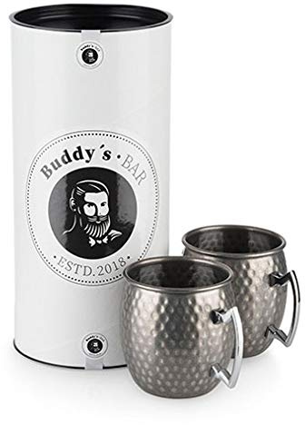 Buddy´s Bar - 2 Tasses Moscow Mule, 500 ML, Tasse en Acier Inoxydable de Haute qualité, Effet Marteau, Tasse à Cocktail avec boîte Cadeau, martelé, en Acier Inoxydable Antique, Lot de 2