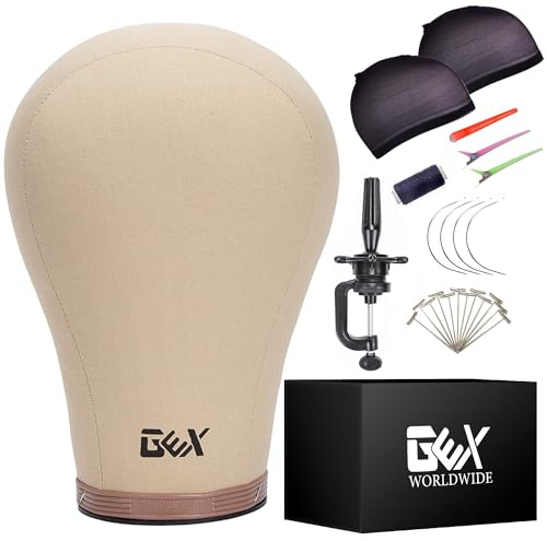 GEX 22 Canvas Block Cork Wig Mannequin Head for Wig Making Drying Styling Display with Table C Stand Clamp Holder&GEX Wig Grip&Pins(Light Brown 22)