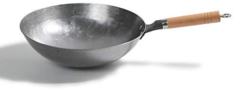 AIZYR Wok Martellato A Mano, Acciaio al Carbonio Pow Wok - con Legno E Acciaio Helper Handle, Wok Tradizionale A Fondo Tondo, Padella Antiaderente,Earless,36cm