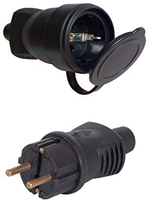 Stecker und Kupplung mit Abdeckkappen wasserdicht feuchtraum aussen schukostecker IP44 (Stecker und Kupplung SET)
