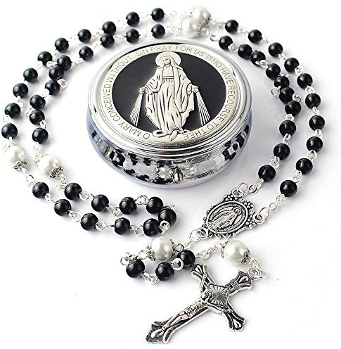 HanlinCC 6mm Glass Pearl Beads with 8mm Our Father Beads with Caps Rosary Pack in Miraculous Metal Gift Box (Black Rosary with Miraculous Gift Box)