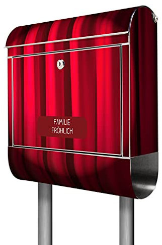banjado® Briefkasten mit Standfuß personalisiert Motiv Roter Vorhang - Stand Briefkasten Edelstahl mit Zeitungsfach - Postbox/Postkasten A4 Einwurf inkl. Montagematerial & 2 Schlüssel