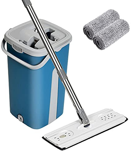 Set di Mocio piatto e Secchi Doppio Sistema di Lavaggio 6 Pezzi di Mocio Riutilizzabili Mocio Piatto in Microfibra per uso Domestico con Manico in Acciaio Inossidabile per la Pulizia di Pavimenti