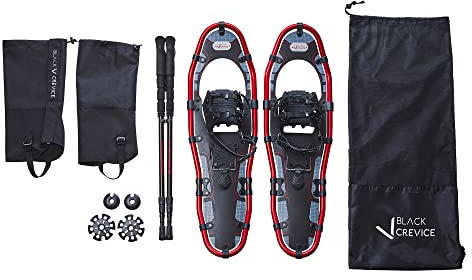 BLACK CREVICE Schneeschuh Set I Alu Schneeschuhe Herren & Damen in 3 versch. Größen I 3-teilige Teleskop Trekkingstöcke aus Aluminium I Wasser- & Winddichte Outdoor-Gamaschen I Tragetasche