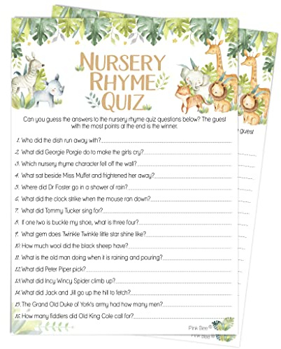 Pink Bee Parties Nursery Rhyme Quiz Baby Shower Game in Safari Theme - 20 Players