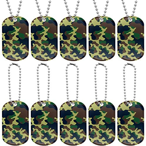Yinkin 100 Pcs Military Dog Tags Army Camouflage Dog Tags Acrylic Military Camo Party Favors Supplies Include 50 Camo Necklaces with 50 Beaded Chains for Women Men Gifts(Dark Green)