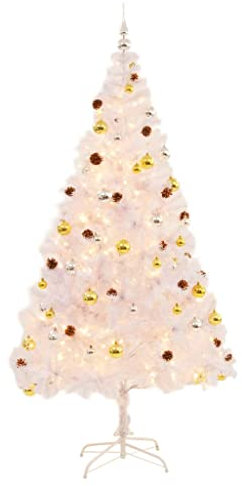 KOIECETA Künstlicher Weihnachtsbaum mit Kugeln LEDs Tannenbaum 210CM Christbaum Dekobaum Kunstbaum Weihnachten Dekoration Weihnachtsdeko Weiß