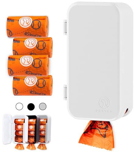 PEXTER Dog Poop Bag Dispenser - Outdoor or Indoor Pet Waste Bag Dispenser Station - Stick-On or Screw-On Wall Mount - Poop Bags Storage Outdoor Container - Includes 4 Doggie Bag Rolls (White)