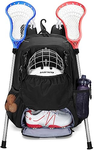 GOBUROS Lacrosse Bag, Lacrosse Equipment Backpack with Stick Holder & Hidden Zipper Net Holds All Lacrosse or Field Hockey Gears, Separate Ventilated Shoe Space Hold Up to US Mens 13