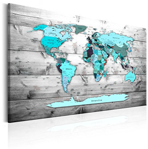 B&D XXL - Akustikbild Bilder Akustikschaum Hochleistungsschallabsorber Schallschutz Leinwand 1 tlg Wandbild Raumakustik Schalldämmung Poster Weltkarte Kontinente Welt Karte Holz
