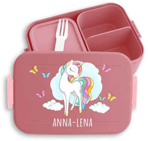 Kinder Bento Box Midi für Mepal Bentobox - Einhörner - Brotbox Einhorn mit Schmetterlingen Lunchbox Unicorn Geschenk Einschulung Gesxhenke Schulkind I - 900 ml - Rosa