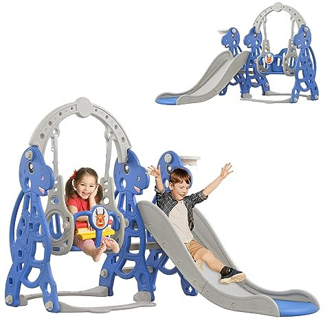 SUBTLETY Kinderrutsche 4 in 1 Freistehende Rutsche für Kinder Indoor Outdoor Kleinkinderrutsche mit Basketballkorb & Schaukel & Kletterturm Gartenrutsche für Kinder ab 1 Jahr (Typ C)