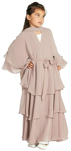 IDOPIP Gebetskleidung Für Kinder Mädchen Muslim Kleider Lange Ärmel Chiffon Abaya Mit Hijab Islamischen Arab Dubai Kaftan Robe Champagne 9-10 Jahre