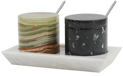 Radicaln Marble Salt Cellar and Tray 3 Inch, Black and Green Handmade Salt Box for Set of 2 Serving Bowls with Lids - Ideal Sugar Dispenser, Salt and Pepper Bowls Kitchen Storage