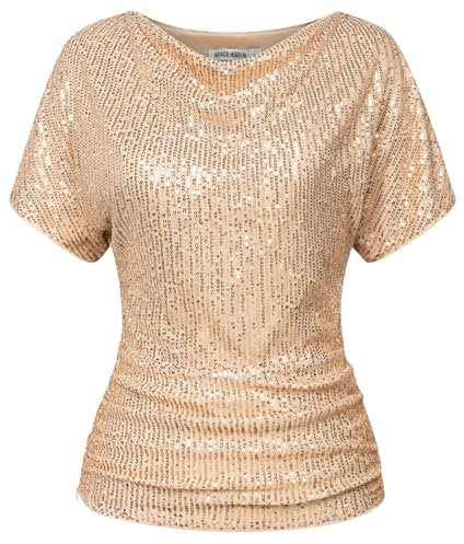 GRACE KARIN Damen Elegante Gold Pailletten Party Tops Batwing Ärmel Glitzer Party Bluse Aprikose M