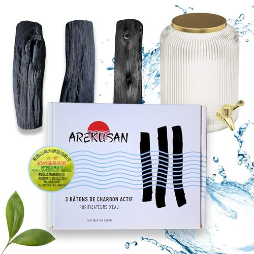 AREKUSAN Binchotan Purificadores de Agua Grandes de Carbones Activados, Caja de 3 Jarras Grandes Especiales, Jarras Fuentes y Grandes Volúmenes de Agua para Purificar