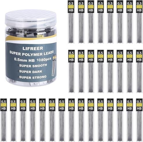 Lifreer 0.5mm Pencil Lead (1080 Pcs), Unbreakable 0.5 mm Lead Refills and 2 Premium Erasers, Long Lasting HB Pencil Lead 0.5 Refill, Mechanical Pencil Lead 0.5mm for Students & Professionals