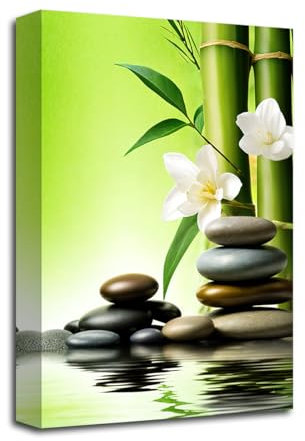 LZIMU Zen Leinwandbild Badezimmer Dekoration Zen Stein Bambus und weiße Blumen Kunstdrucke Zen Meditations Wandbild für Yoga Spa Dekoration (A, 40.00 x 60.00 cms)