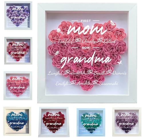 Personalized First Mom Now Grandma Rose Shadow Box Custom Mom Flower Shadow Box with Name Mother's Day Heart-Shaped Shadow Box with Flowers Frame Personalize Gift for Grandma Nana Mom