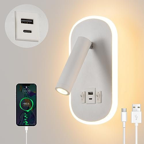 LED Lámpara de Lectura con Interruptor,Puerto de carga USB +TYPE C Luz de Lectura,3W 3000K+9W 6000K Giratoria Aplique Para Lectura,Interior Inegro luminación de Pared,Lámpara de Noche Dormitorio Hotel