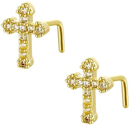 20G L-Shaped Cross Nose Rings for Women Girls Dainty Shiny Cubic Zirconia Small Cute Criss Cross Thin Nose Studs Hypoallergenic Shiny Crystal Fashion Chic Nostril Nose Piercing Jewelry (Gold)