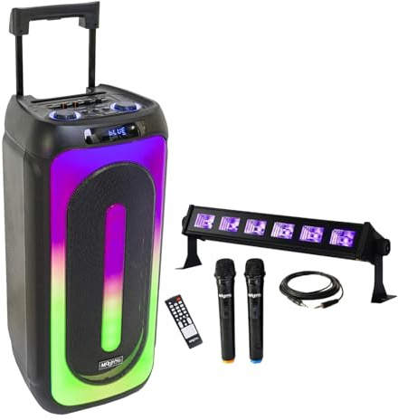 MOOVING LIGHT & SOUND - Pack Enceinte Portable sur Batterie Karaoke USB Bluetooth MS-MAGIC-SOUND1000 TWS 1000W 2 Micros - Barre LED UV - Soirée DJ