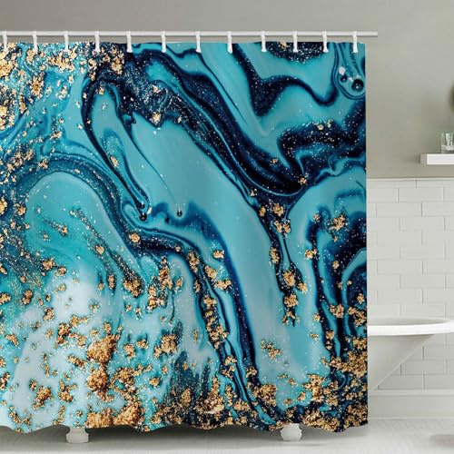 FAIRYGATE Badezimmer Vorhang Marmor Duschvorhang Badewanne Set Bathtub Curtain Blau Marmor Duschvorhang Antischimmel Wasserdicht Stoff Textil Duschvorhänge Abwaschbar Shower Curtains B8916