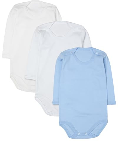 rise&Raba Baby Bodysuit 3 Pcs | 100% Organic Cotton Long Sleeve Comfortable Button Baby Bodysuits for Boys and Girls | Comfortable and Cute Onesies (White-Ecru-Blue, 2-3 Year)