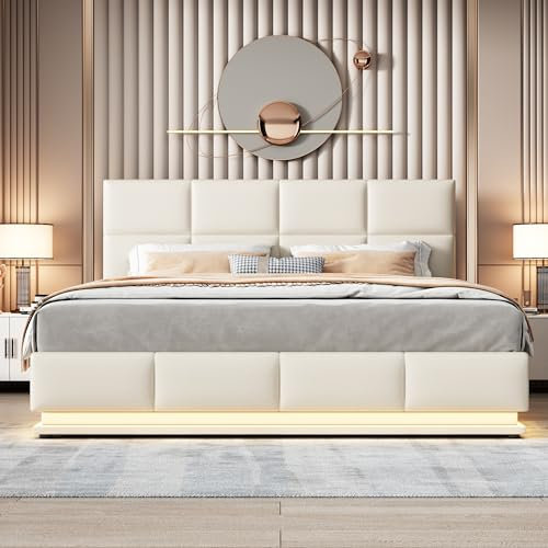 Kebnor Polsterbett 180x200 cm mit LED Beleuchtung & Hydraulisch anhebbarer Bettstauraum,Bettkasten & Lattenrost Bezug aus Kunstleder Doppelbett Erwachsenen Jugendbett(Ohne Matratze) (Beige)