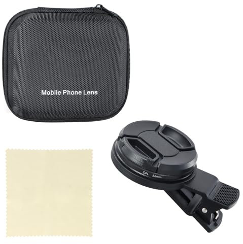 Dewocke 52mm Clip-On CPL Filter for Mobile Phones, Polarizing Camera Lens with Adjustable Polarization, Includes Protective Cover, Cleaning Cloth, Storage Box