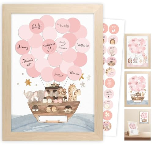 Legezon Gästebuch Babyparty mit Bilderrahmen, Arche Noah – Geschenk zur Geburt, Alternative zum Gästebuch für Taufe, Geburtstag und Baby Shower, Deko für Mädchen und Junge