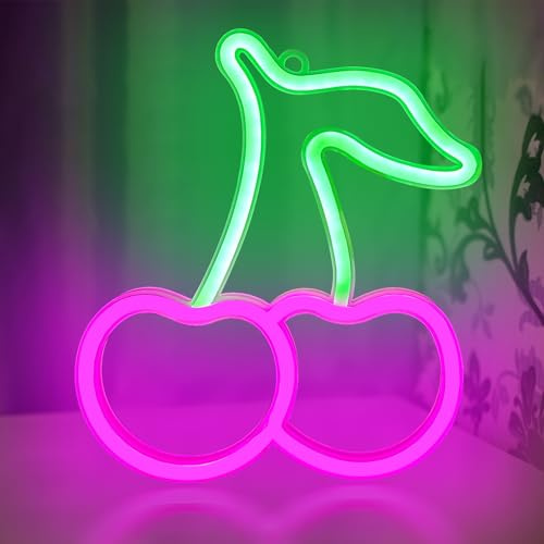 DAKABUKA Letrero de neón de cerezas rosas y verdes, luces de neón, lindas frutas, letreros LED para habitación de niños, restaurante, bar, tienda de frutas, batería USB, letreros de neón para